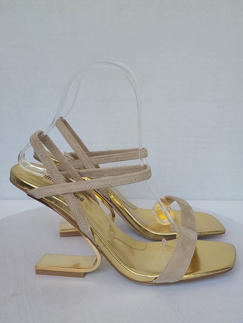 Jeffrey Campbell Tan Suede Metallic Gold Geometric High Heel Strappy Sandal Sz 8